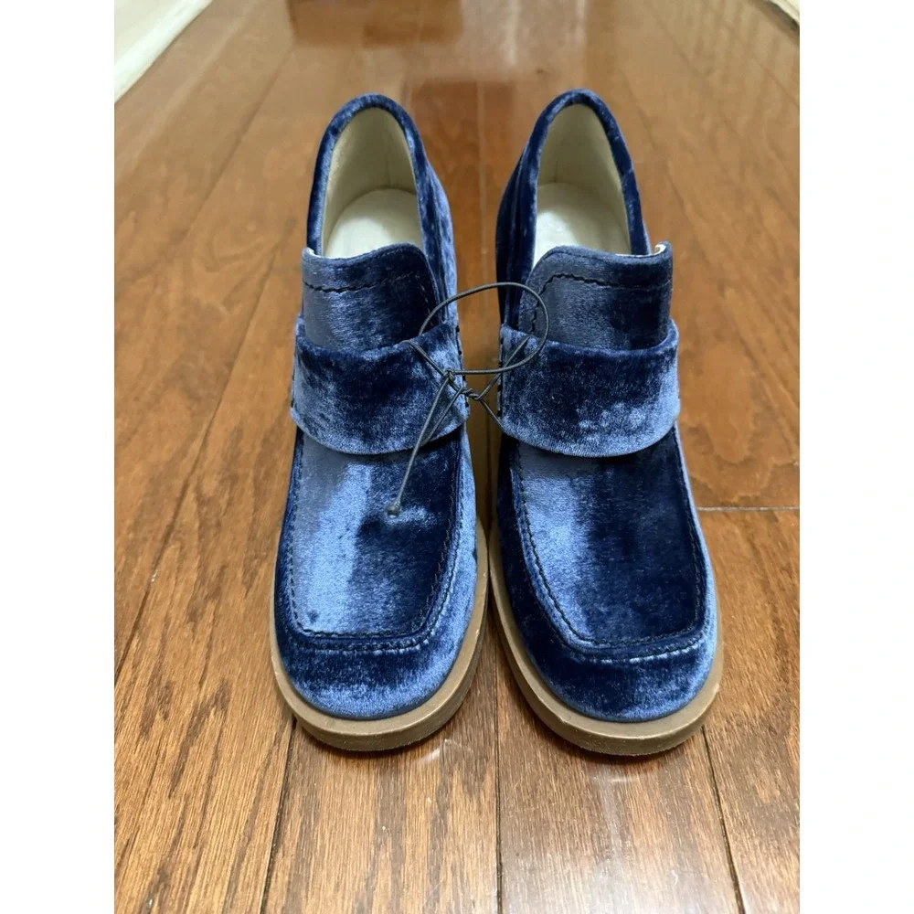 Marni Blue Velvet Platform Loafers Block Heel Square Toe Made in Italy Size 37.5